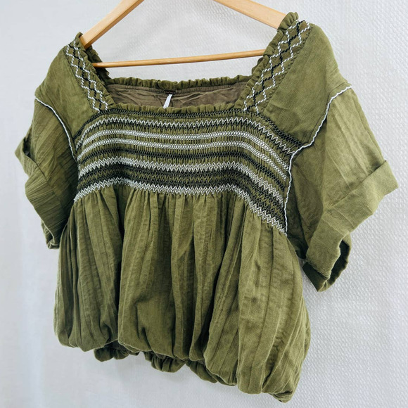 FREE PEOPLE Wandering Skies Green Top size medium bohemian prairie spring - Picture 4 of 12